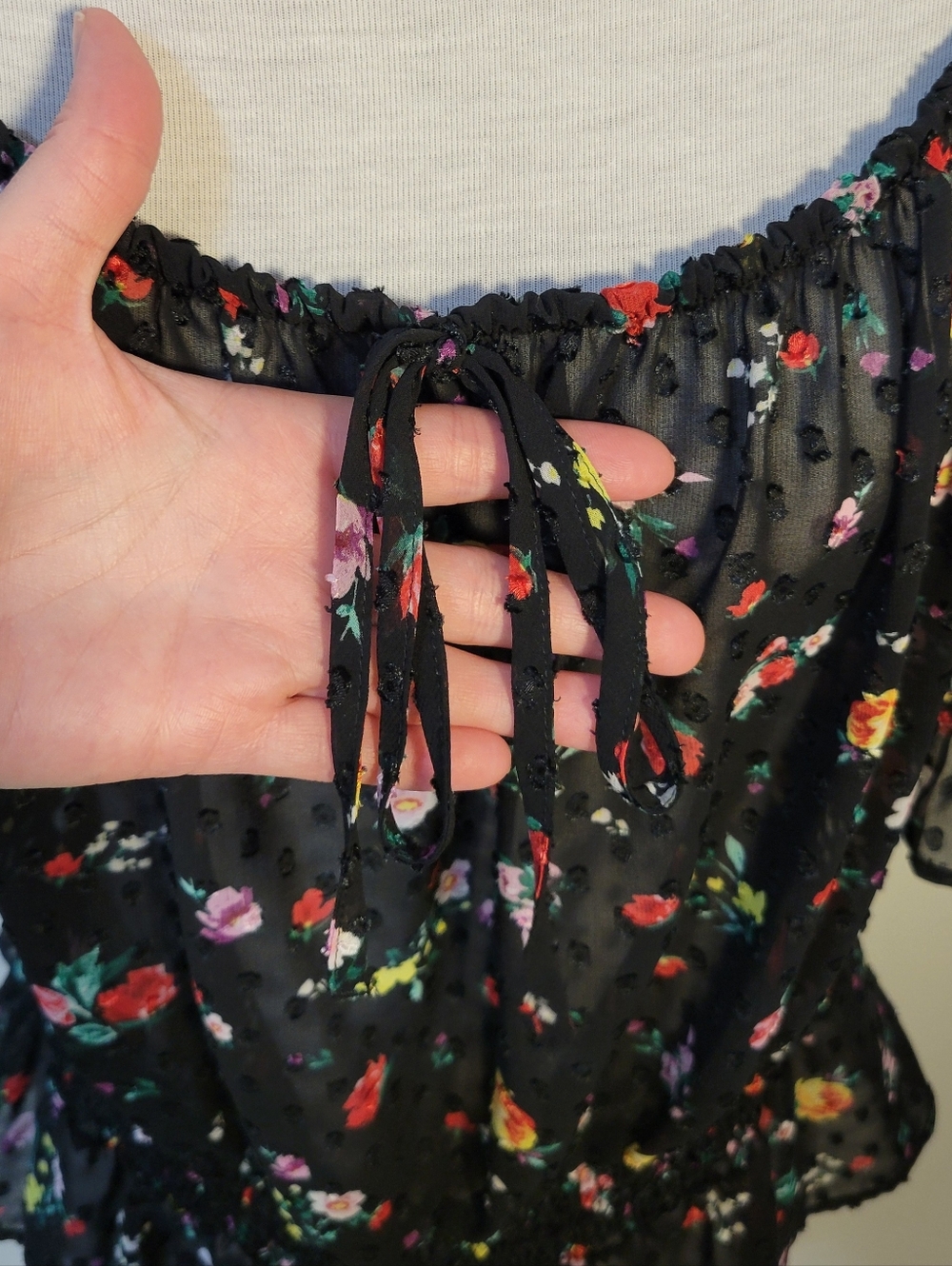Banana Republic (Women's L) Semi-Sheer Swiss Dot Black Floral Peasant Blouse - Picture 2 of 10